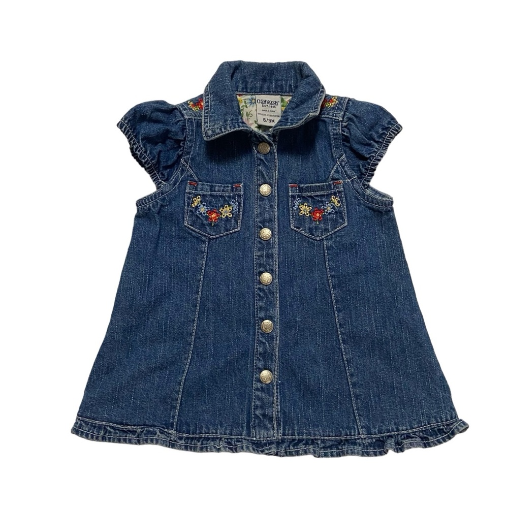Vintage OshKosh Denim Embroidered Front Snap Jean Dress 6-9 months